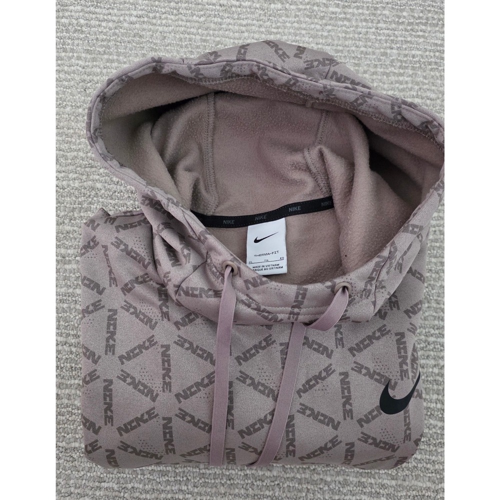 Nike Therma-FIT Mens XL Hoodie All Over Print Logo Mauve Pullover Sweatshirt